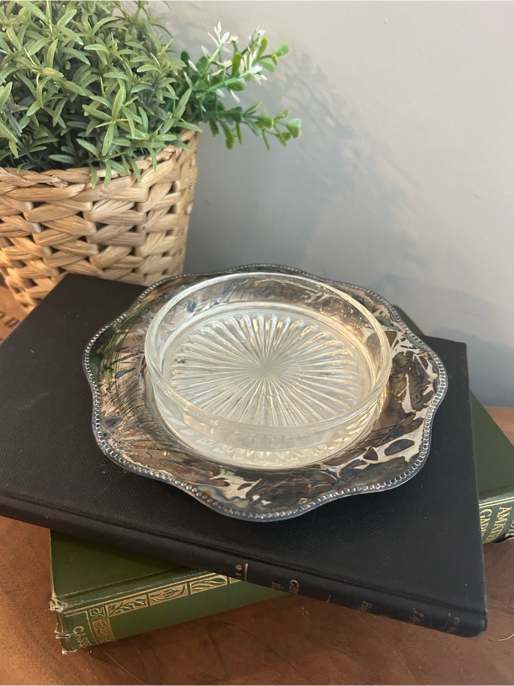 vintage silver-plated Viking Plate E.P. Copper glass candy dish